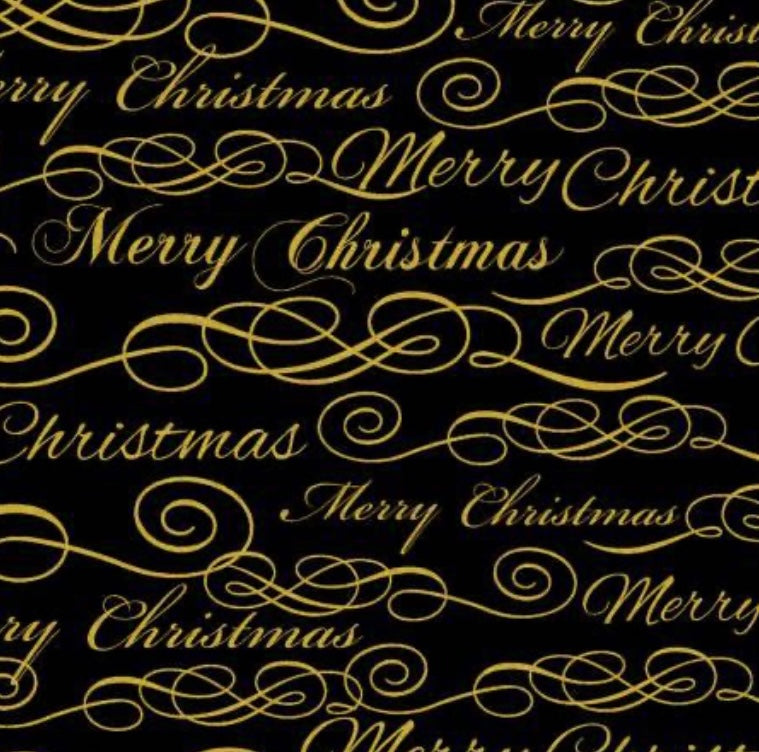 Windham Fabric Merry Christmas Metallic Gold on Black, Designer Cotton, Quilting Fabric, Sold by YARD