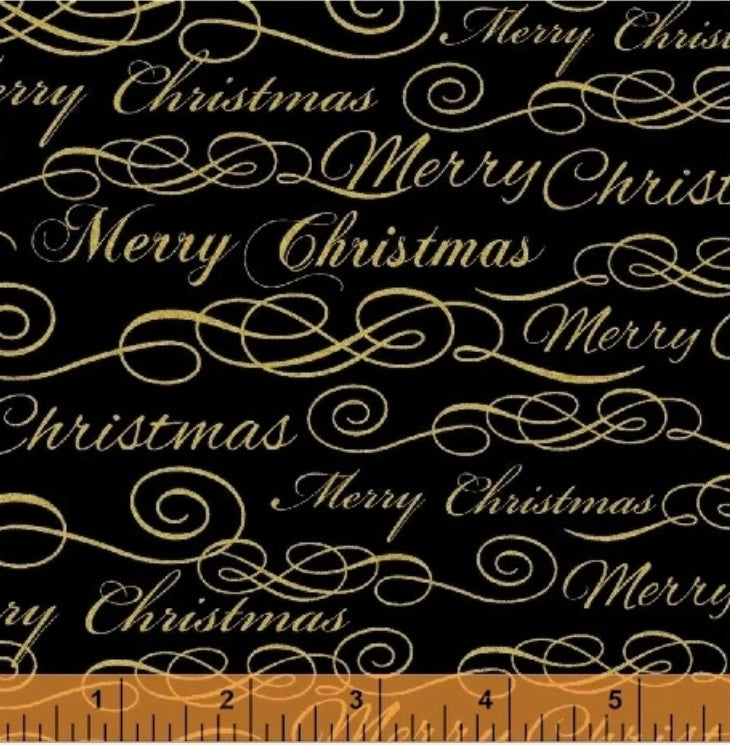Windham Fabric Merry Christmas Metallic Gold on Black, Designer Cotton, Quilting Fabric, Sold by YARD