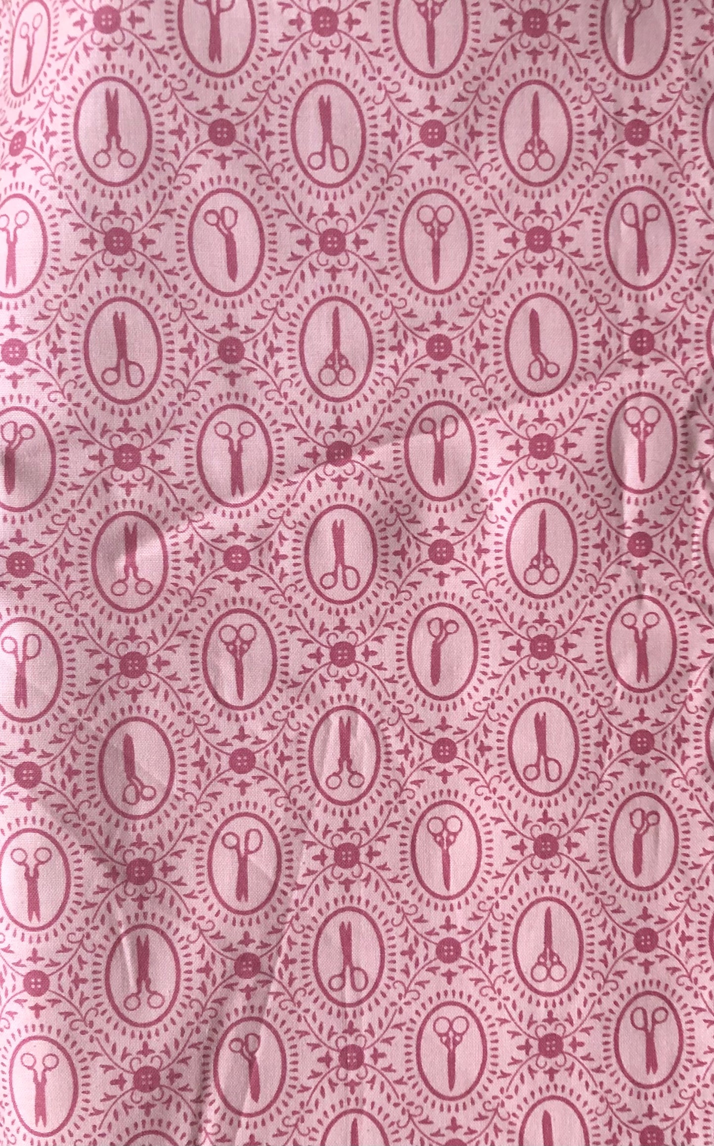 Quilting Treasures Sewing Fabric Cute as a Button Pink Scissors Framed Designer Cotton, Quilting, Sold by YARD
