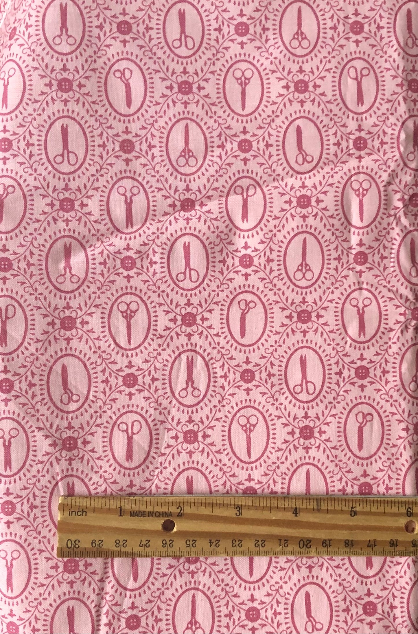 Quilting Treasures Sewing Fabric Cute as a Button Pink Scissors Framed Designer Cotton, Quilting, Sold by YARD