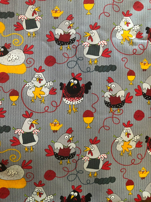 Timeless Treasures I Love Knitting Chickens by Gail Cadden, Designer Cotton Fabric, Quilting Fabric, Sold by YARD