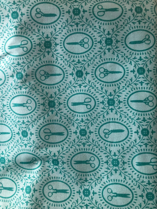 Quilting Treasures Sewing Fabric Cute as a Button Blue Scissors Framed Designer Cotton, Quilting, Sold by YARD