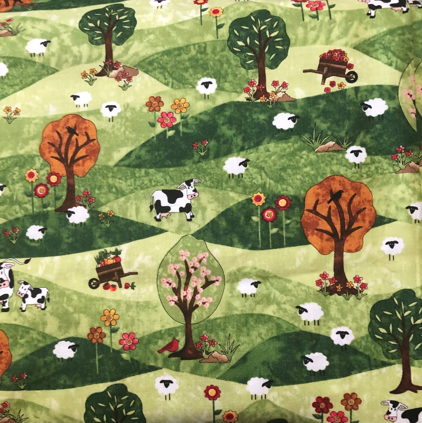 Timeless Treasures by Debra Gabel Country Field with Cow and Sheep, Designer Cotton Fabric, Quilting Fabric, Sold by YARD
