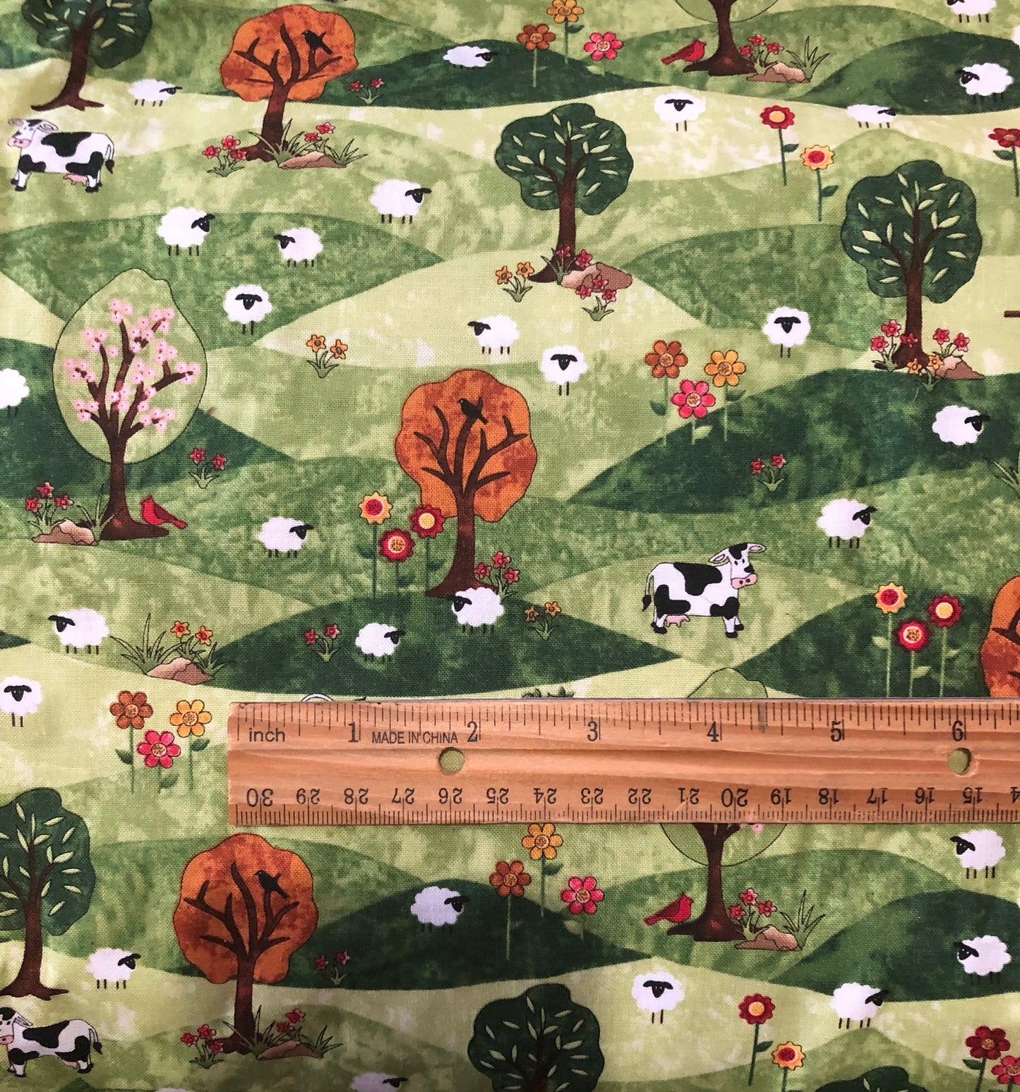 Timeless Treasures by Debra Gabel Country Field with Cow and Sheep, Designer Cotton Fabric, Quilting Fabric, Sold by YARD