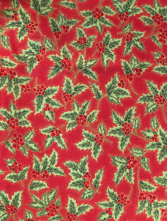 Robert Kaufman Holiday Flourish Red Holly Berries Metallic Gold, Designer Cotton, Quilting Fabric, Sold by YARD