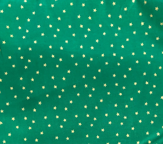 Green and Metallic Gold Stars Fabric Christmas, Designer Cotton, Quilting Fabric, Sold by YARD