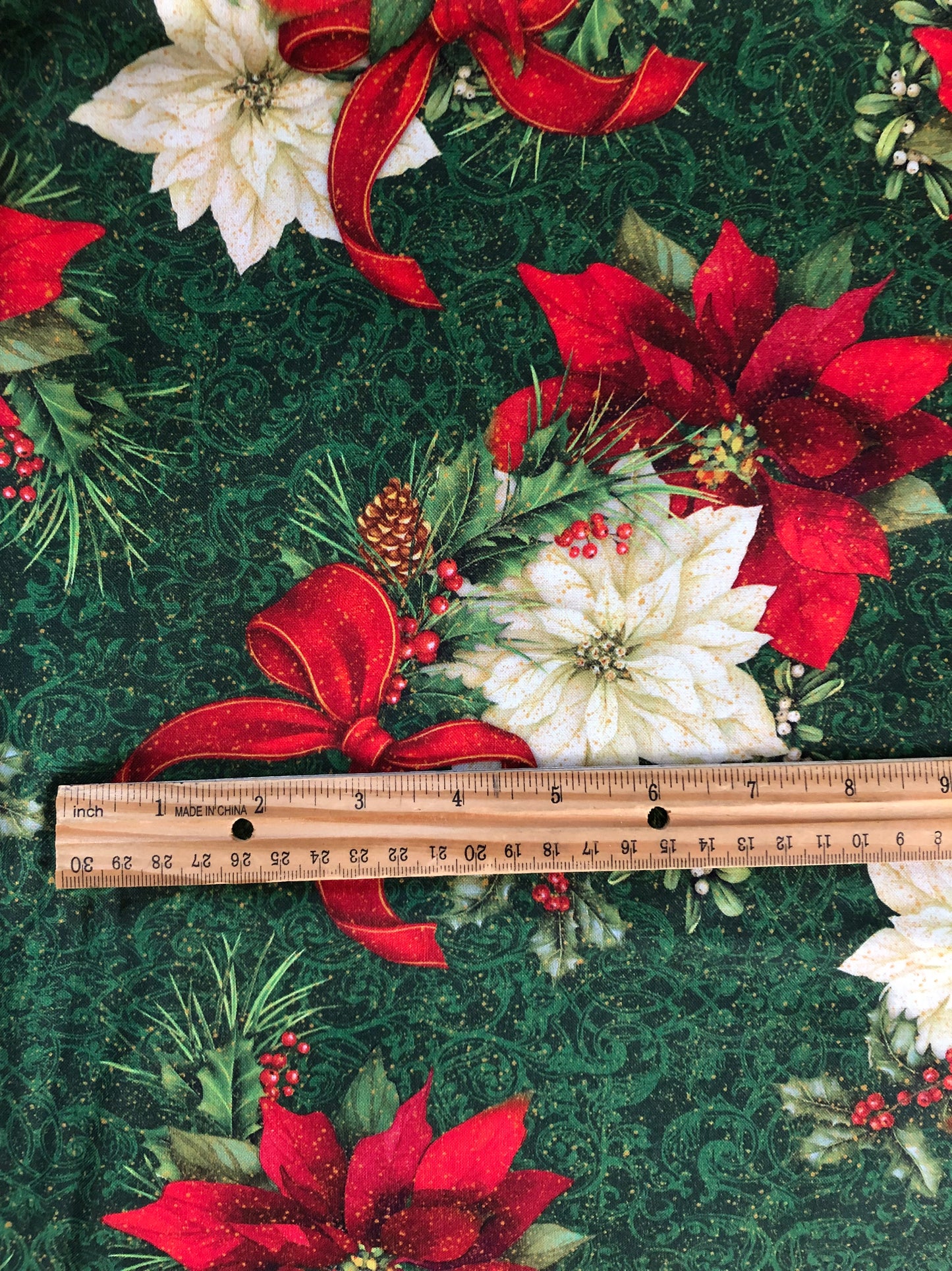 QT Fabrics Elegant Red and White Poinsettias by Liza Bea, Designer Cotton, Quilting Fabric, Sold by YARD