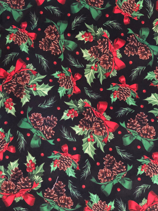 QT Fabrics Winter Greetings Christmas Pinecones, Holly, and Bows on Black by Gina Jane, Designer Cotton, Quilting Fabric, Sold by YARD