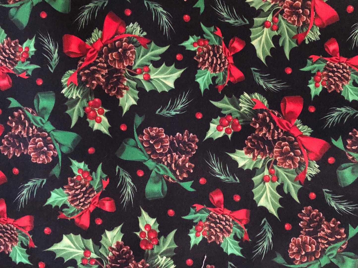 QT Fabrics Winter Greetings Christmas Pinecones, Holly, and Bows on Black by Gina Jane, Designer Cotton, Quilting Fabric, Sold by YARD