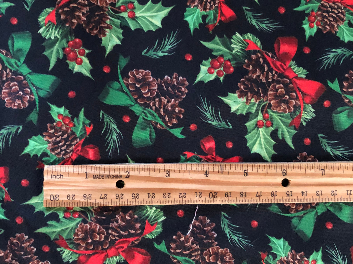 QT Fabrics Winter Greetings Christmas Pinecones, Holly, and Bows on Black by Gina Jane, Designer Cotton, Quilting Fabric, Sold by YARD