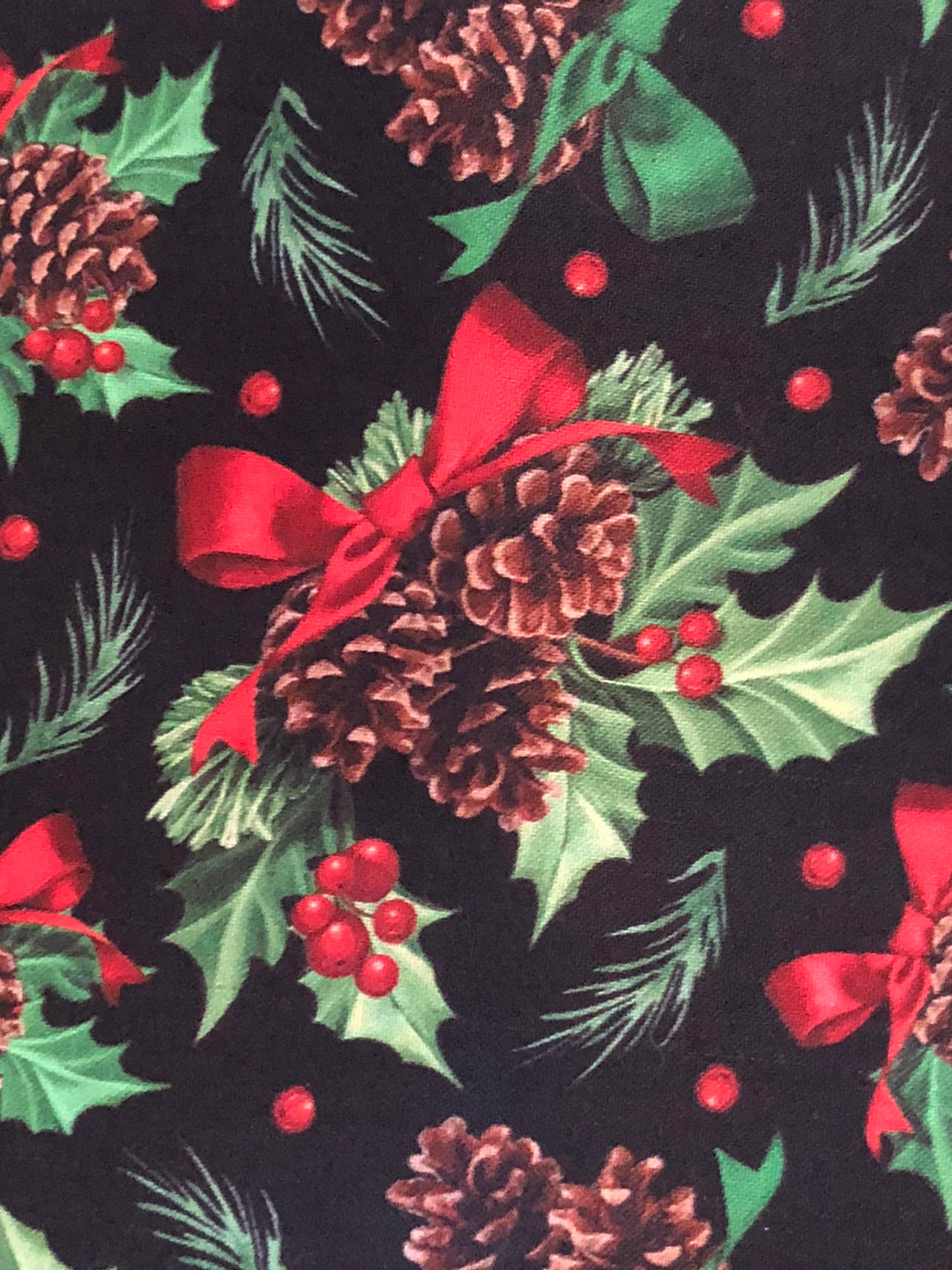QT Fabrics Winter Greetings Christmas Pinecones, Holly, and Bows on Black by Gina Jane, Designer Cotton, Quilting Fabric, Sold by YARD