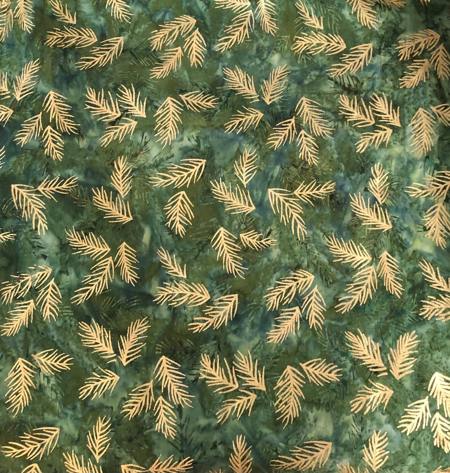 Gold Evergreen Pine Needles Batik Spinach Green, Designer Cotton, Quilting Fabric, Sold by YARD