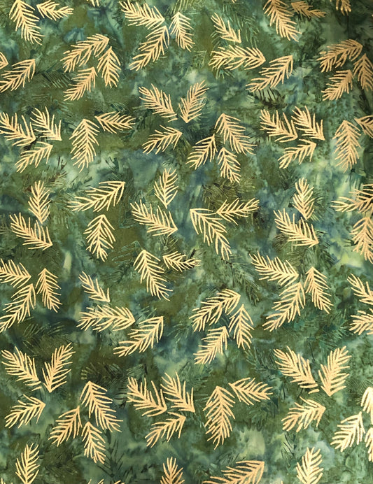 Gold Evergreen Pine Needles Batik Spinach Green, Designer Cotton, Quilting Fabric, Sold by YARD