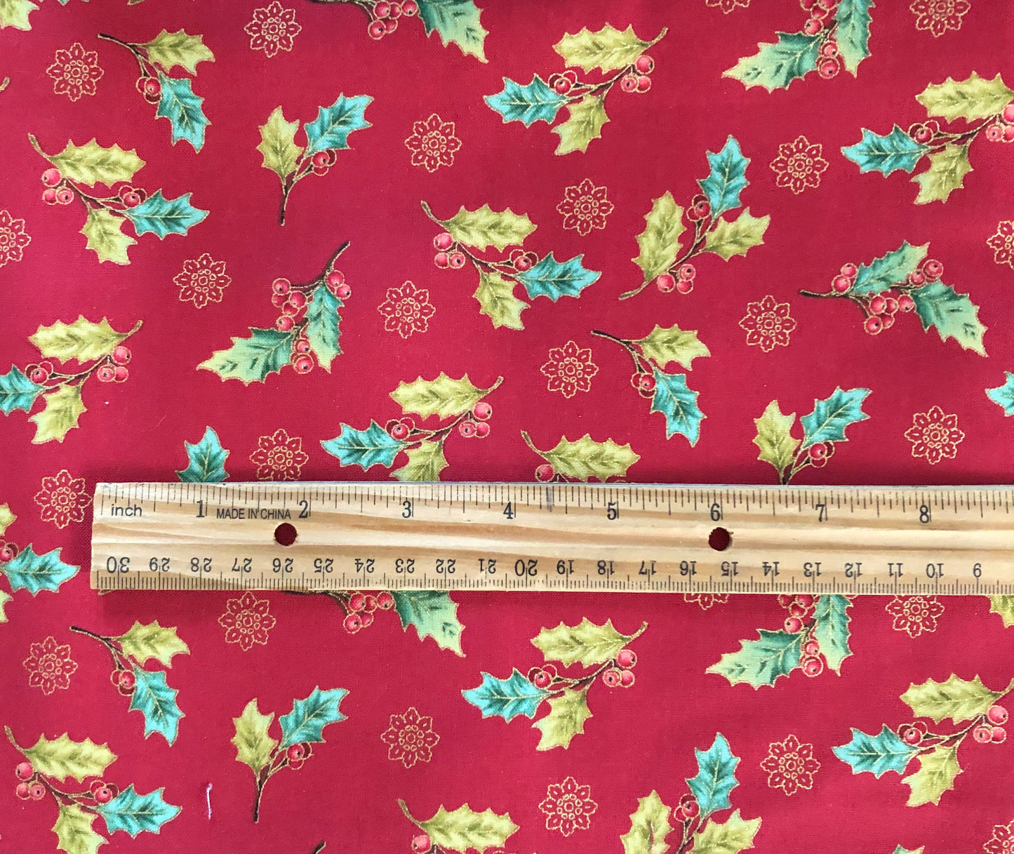 Henry Glass Winter Garden Color Principle Red Holly Berries on Red Metallic Gold, Designer Cotton, Quilting Fabric, Sold by YARD
