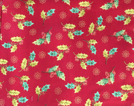 Henry Glass Winter Garden Color Principle Red Holly Berries on Red Metallic Gold, Designer Cotton, Quilting Fabric, Sold by YARD