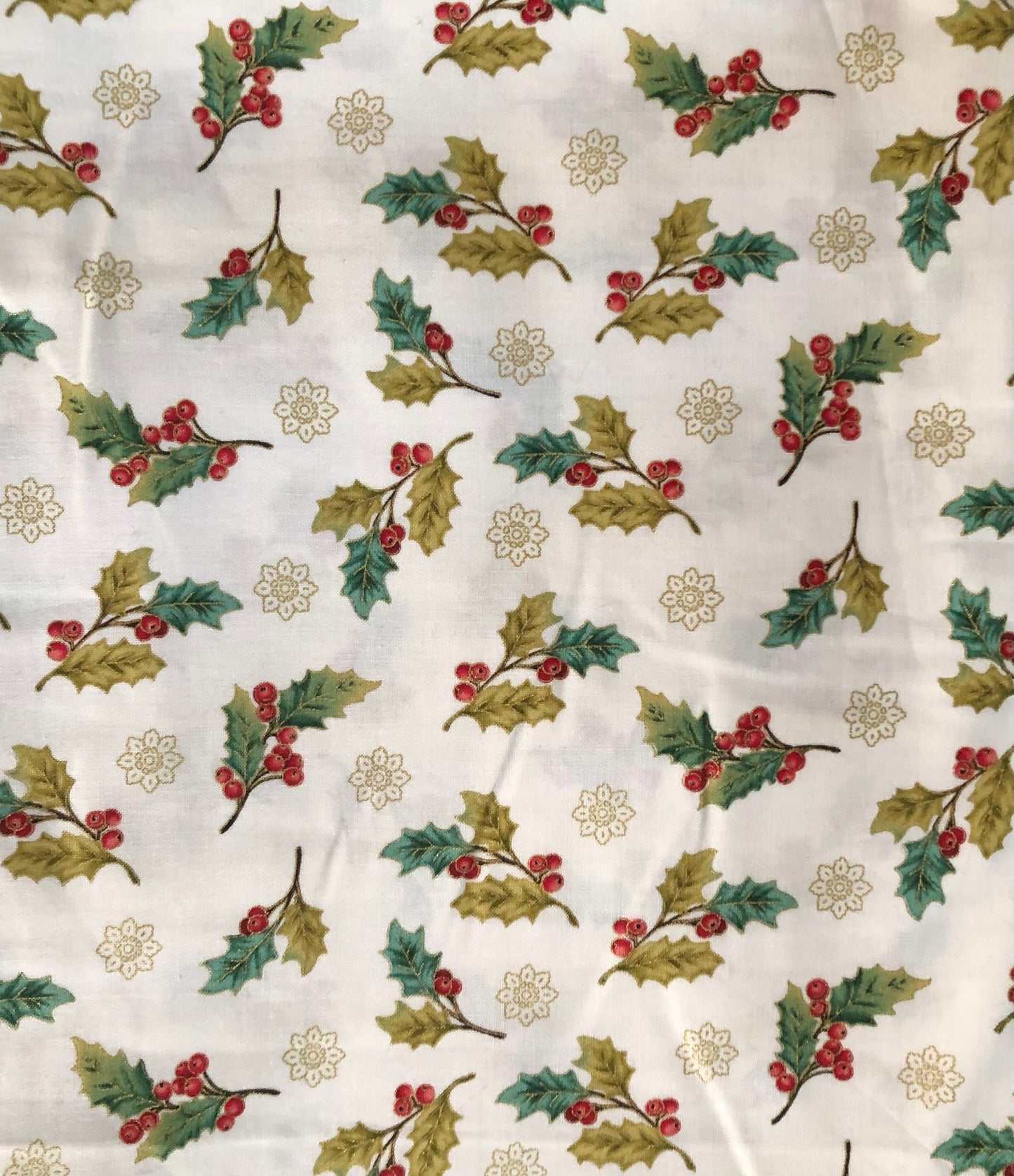 Henry Glass Winter Garden by Color Principle Red Holly Berries on White Metallic, Designer Cotton, Quilting Fabric, Sold by YARD