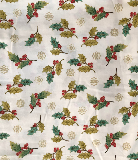 Henry Glass Winter Garden by Color Principle Red Holly Berries on White Metallic, Designer Cotton, Quilting Fabric, Sold by YARD
