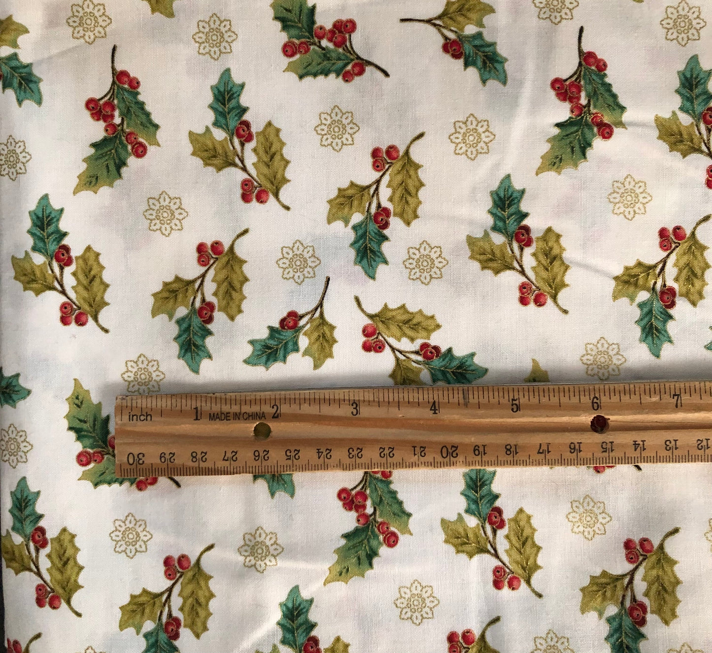 Henry Glass Winter Garden by Color Principle Red Holly Berries on White Metallic, Designer Cotton, Quilting Fabric, Sold by YARD