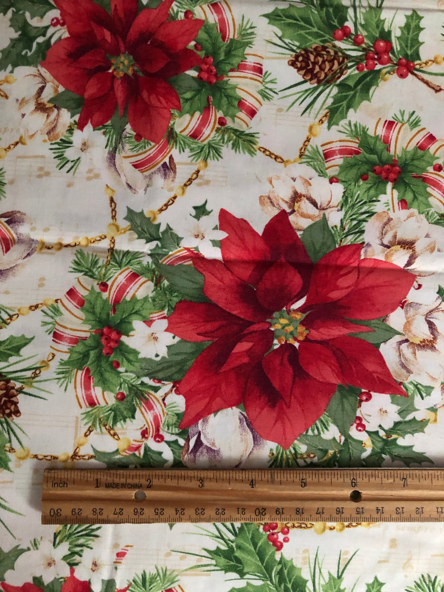 Henry Glass Christmas Legend Red Poinsettia on Cream by Bruce Park, Designer Cotton, Quilting Fabric, Sold by YARD