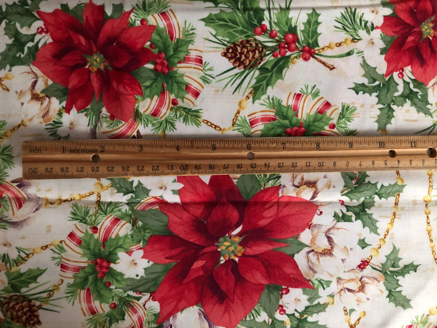 Henry Glass Christmas Legend Red Poinsettia on Cream by Bruce Park, Designer Cotton, Quilting Fabric, Sold by YARD