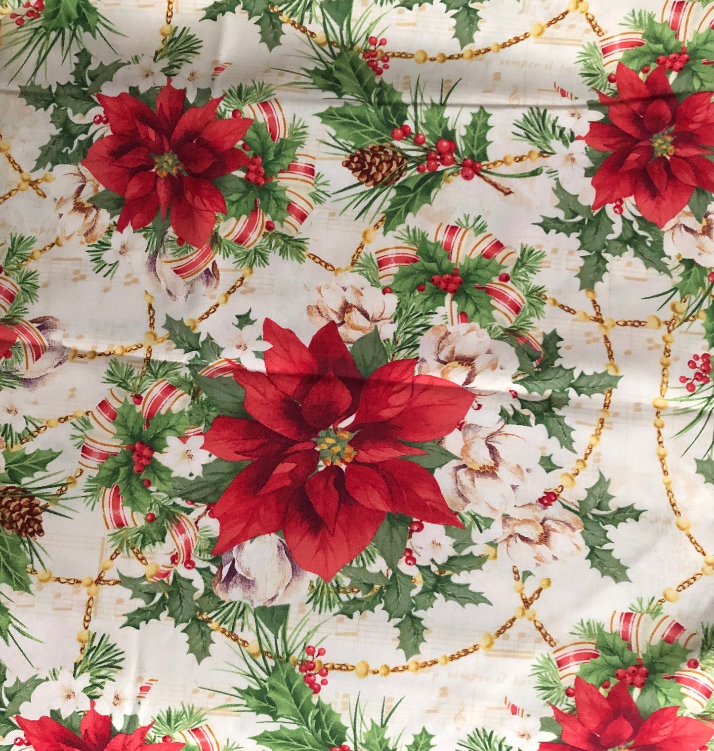 Henry Glass Christmas Legend Red Poinsettia on Cream by Bruce Park, Designer Cotton, Quilting Fabric, Sold by YARD