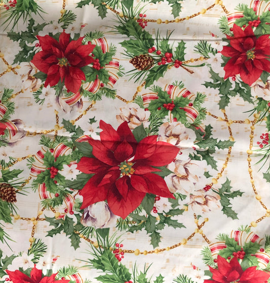 Henry Glass Christmas Legend Red Poinsettia on Cream by Bruce Park, Designer Cotton, Quilting Fabric, Sold by YARD