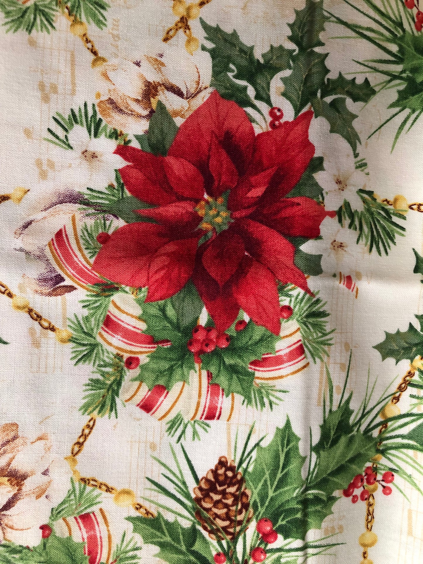 Henry Glass Christmas Legend Red Poinsettia on Cream by Bruce Park, Designer Cotton, Quilting Fabric, Sold by YARD