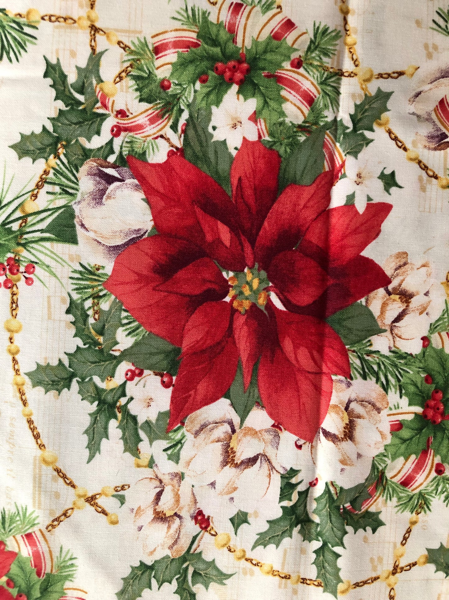Henry Glass Christmas Legend Red Poinsettia on Cream by Bruce Park, Designer Cotton, Quilting Fabric, Sold by YARD