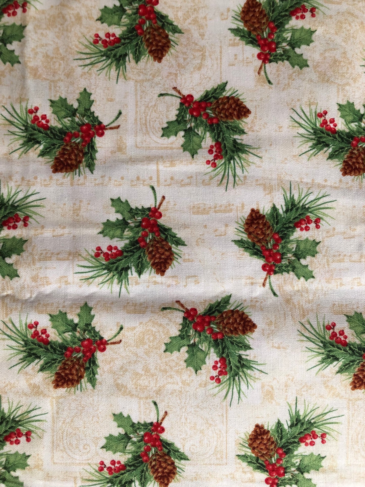 Henry Glass Christmas Legend Pinecones and Holly Berries Bruce Park, Designer Cotton, Quilting Fabric, Sold by YARD