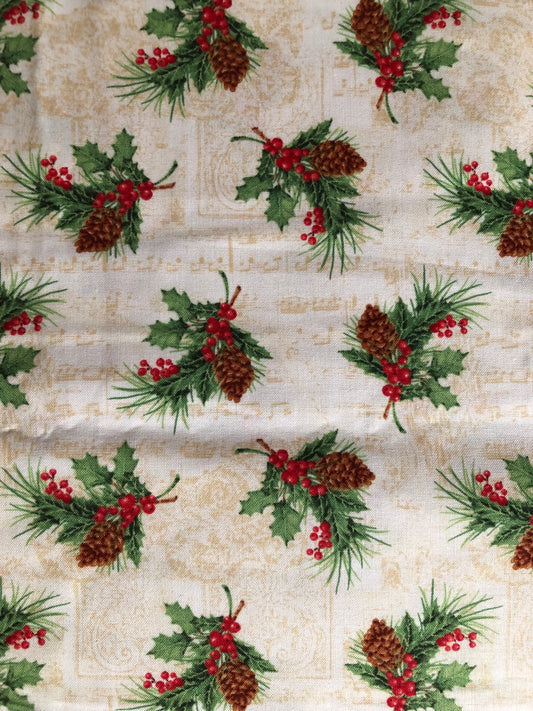 Henry Glass Christmas Legend Pinecones and Holly Berries Bruce Park, Designer Cotton, Quilting Fabric, Sold by YARD