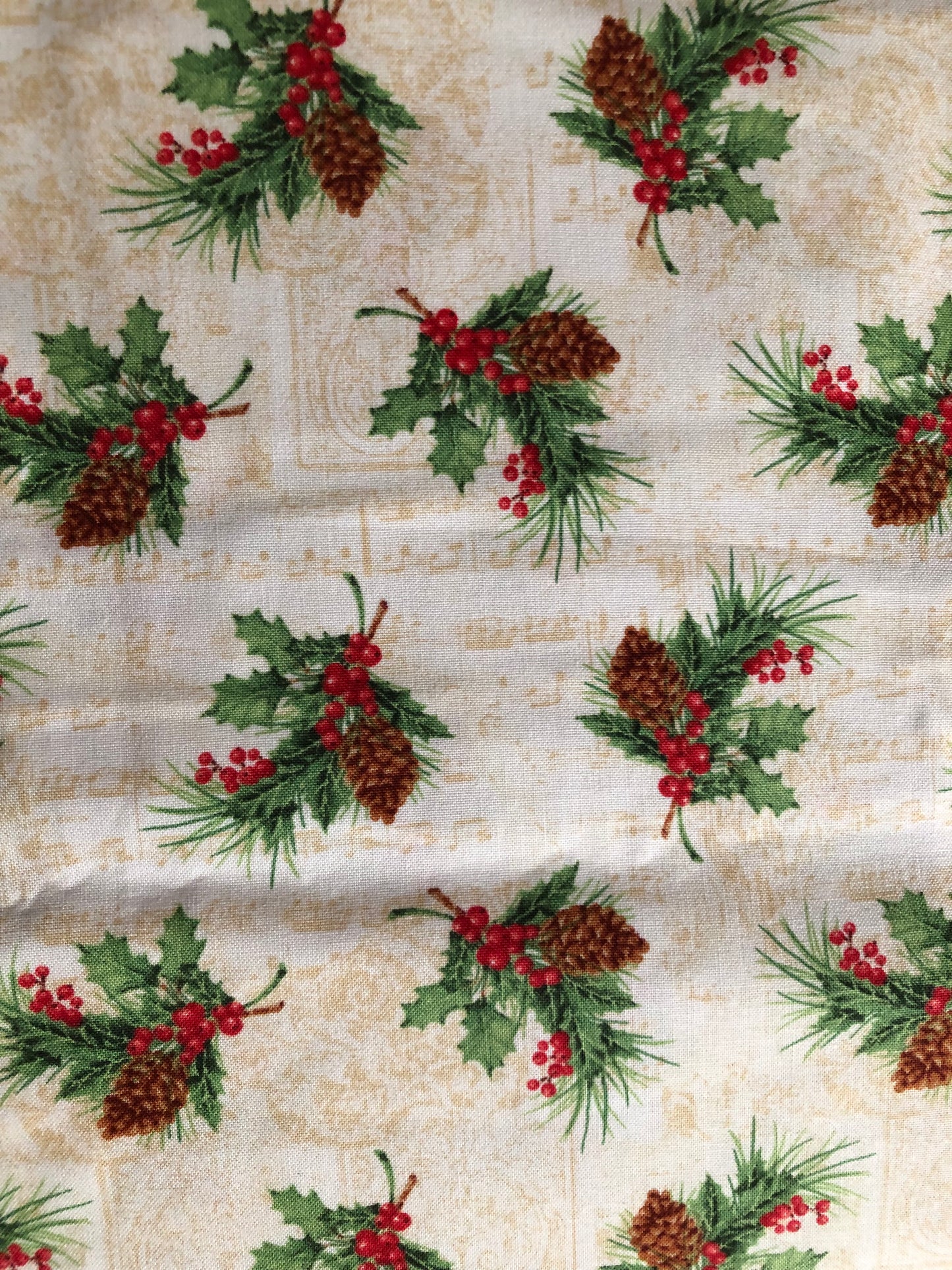 Henry Glass Christmas Legend Pinecones and Holly Berries Bruce Park, Designer Cotton, Quilting Fabric, Sold by YARD