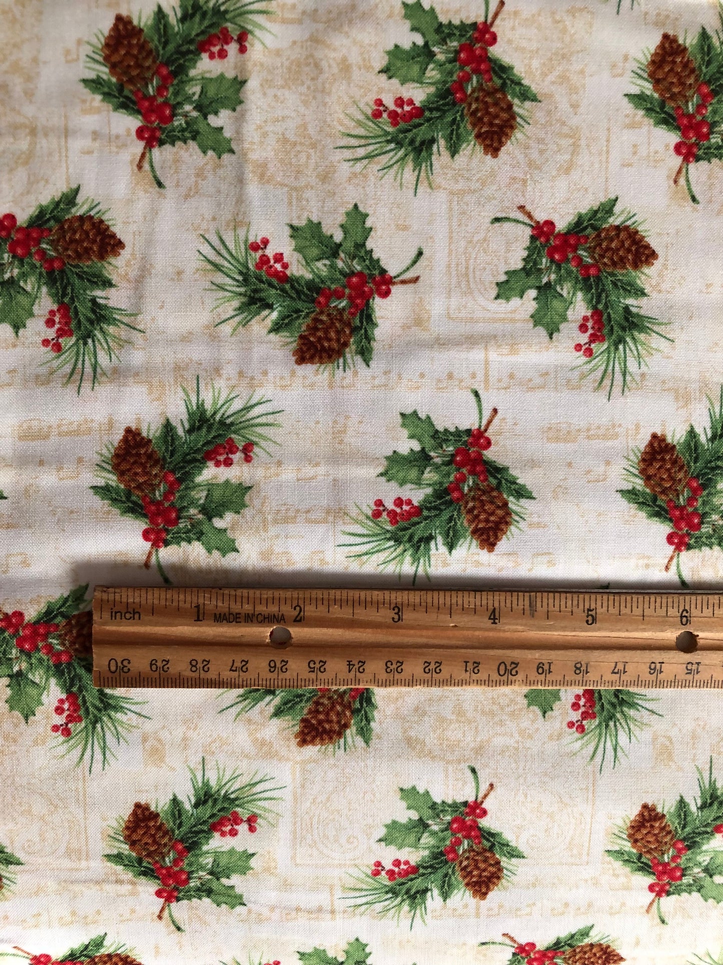 Henry Glass Christmas Legend Pinecones and Holly Berries Bruce Park, Designer Cotton, Quilting Fabric, Sold by YARD