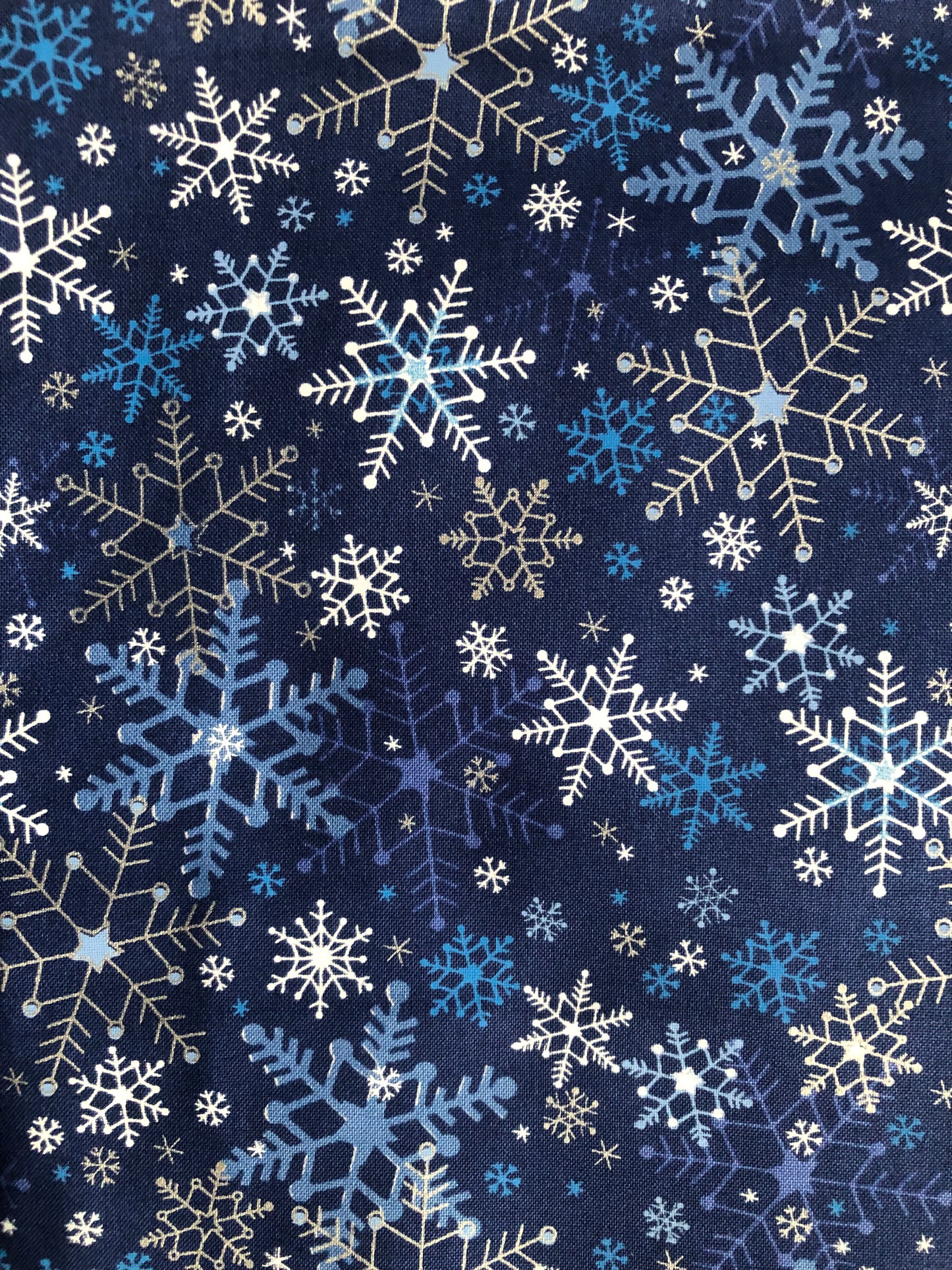Fabri Quilt Seasons Greetings Winter Snowflakes Blue, Metallic Silver, Designer Cotton, Quilting Fabric, Sold by YARD