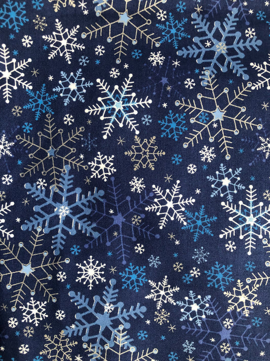 Fabri Quilt Seasons Greetings Winter Snowflakes Blue, Metallic Silver, Designer Cotton, Quilting Fabric, Sold by YARD