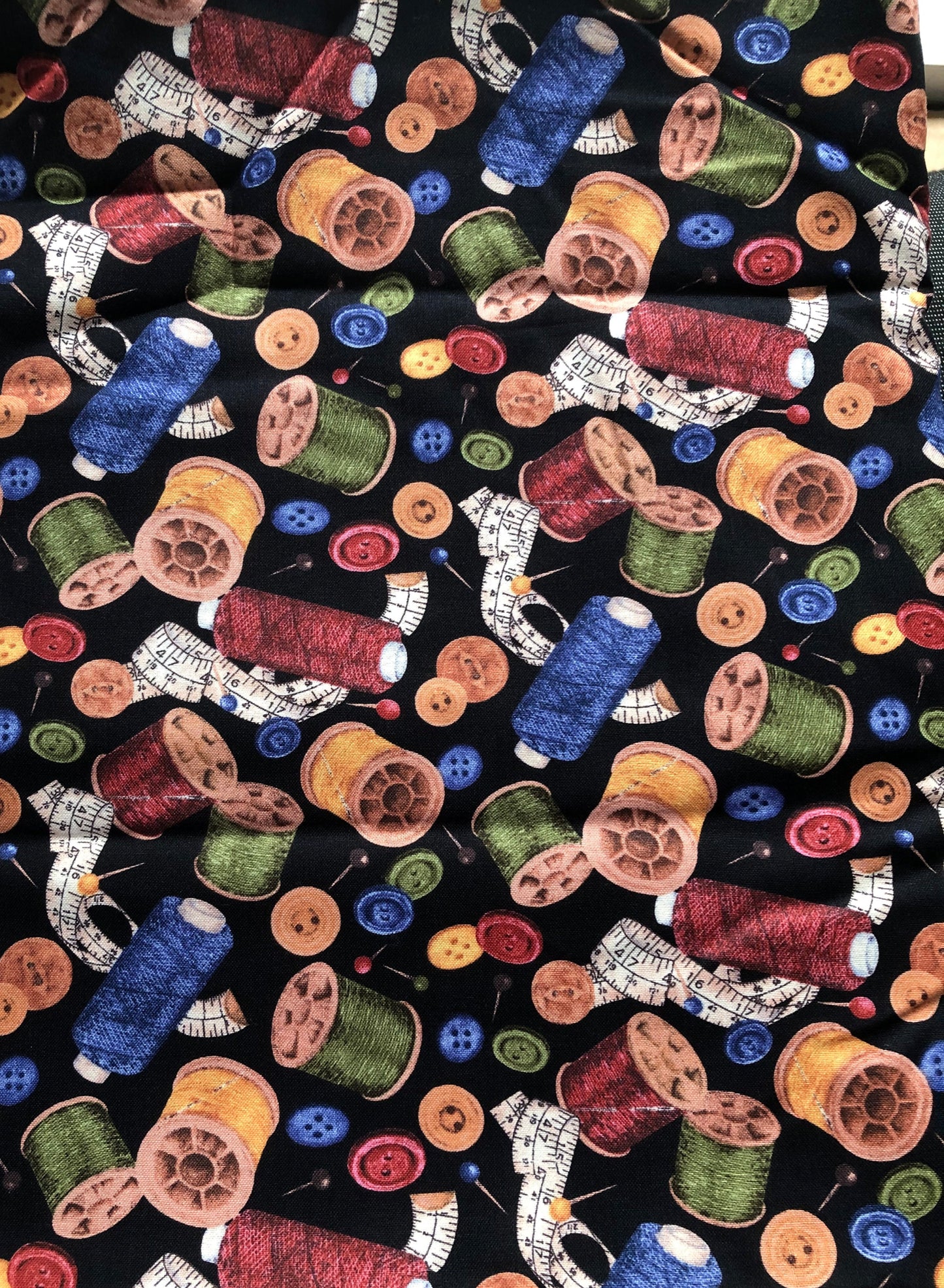 Wilmington Prints Sew Curious Spools of Thread on Black by Anne Mortimer Fabric, Designer Cotton, Quilting Fabric, Sold by YARD