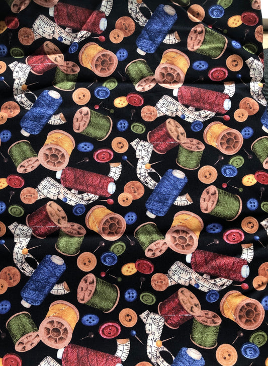 Wilmington Prints Sew Curious Spools of Thread on Black by Anne Mortimer Fabric, Designer Cotton, Quilting Fabric, Sold by YARD