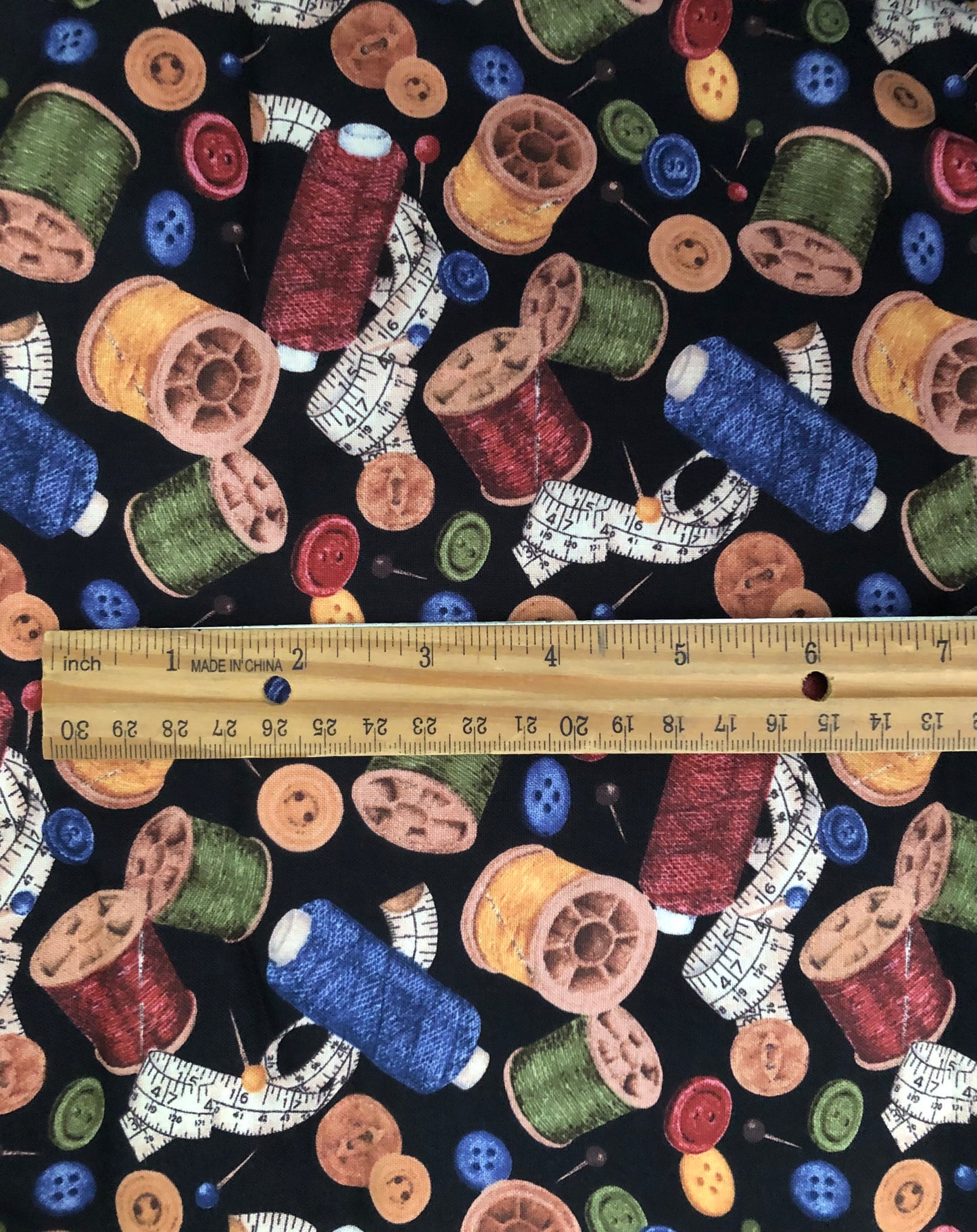 Wilmington Prints Sew Curious Spools of Thread on Black by Anne Mortimer Fabric, Designer Cotton, Quilting Fabric, Sold by YARD