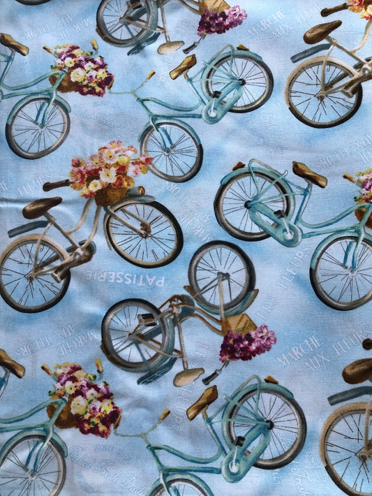 Wilmington Prints Le Cafe French Blue Bicycles by Danhui Nai, Designer Cotton, Quilting Fabric, Sold by YARD