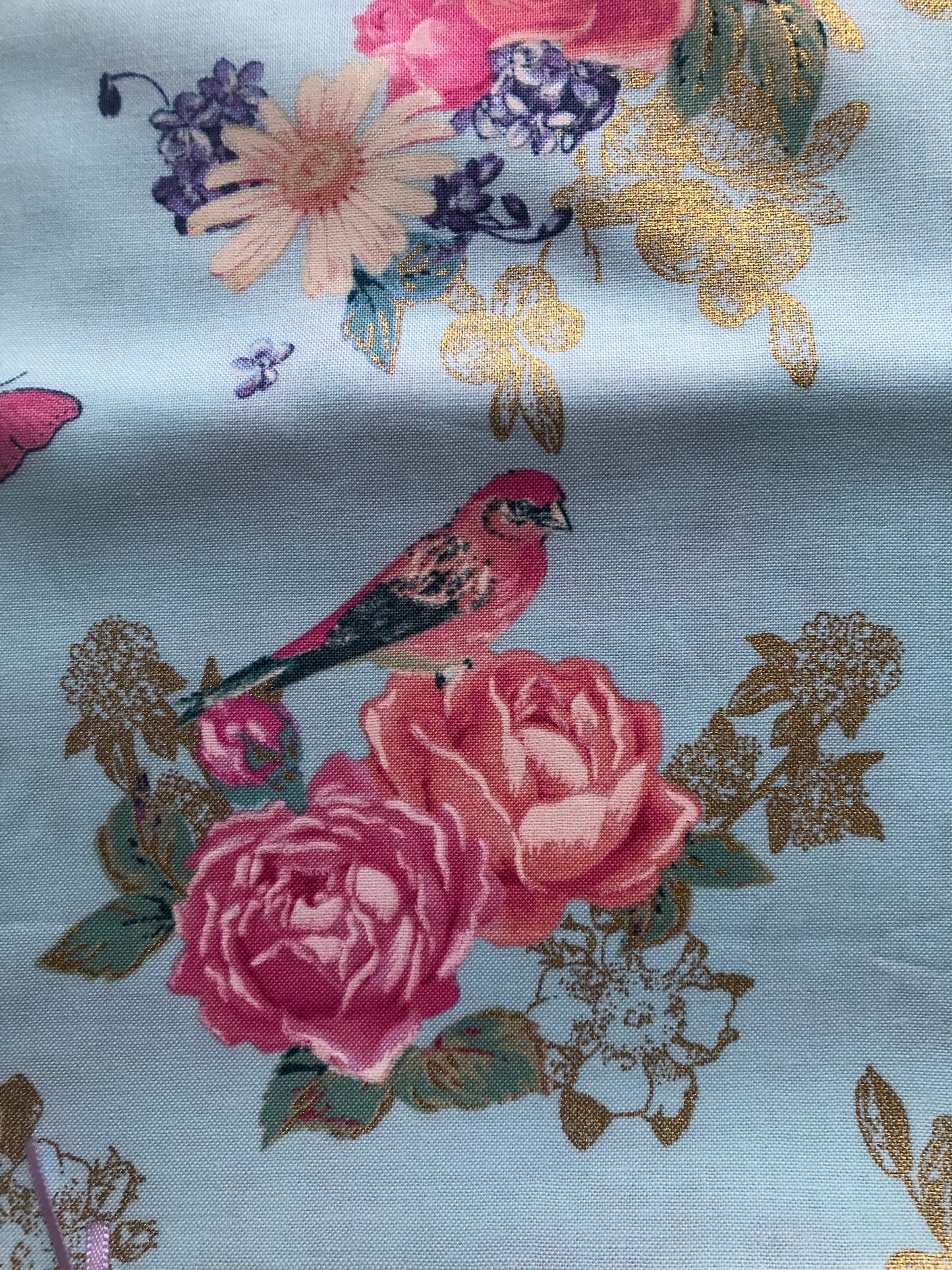 Michael Miller Tweet La Vie Birds, Butterflies and Roses on Light Blue Fabric, Designer Cotton, Quilting Fabric, Sold by YARD