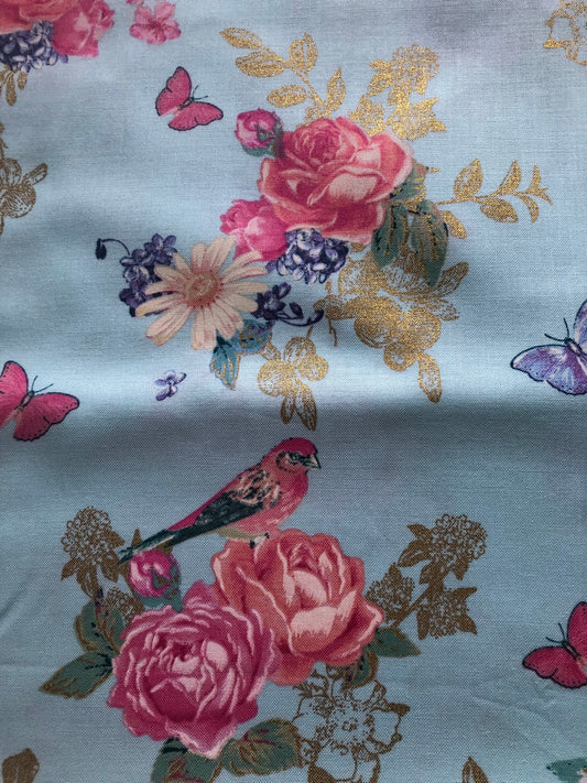 Michael Miller Tweet La Vie Birds, Butterflies and Roses on Light Blue Fabric, Designer Cotton, Quilting Fabric, Sold by YARD