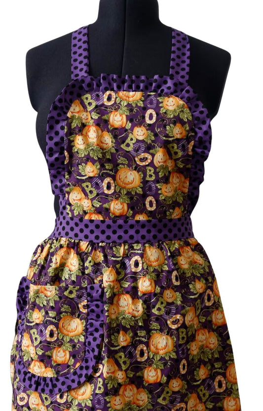 Halloween Apron for Women with Pumpkins, BOOs, and Polka Dots