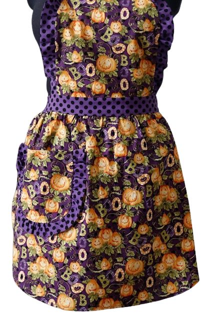 Halloween Apron for Women with Pumpkins, BOOs, and Polka Dots