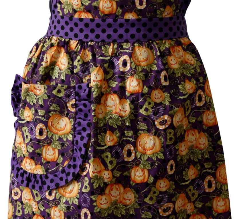 Halloween Apron for Women with Pumpkins, BOOs, and Polka Dots