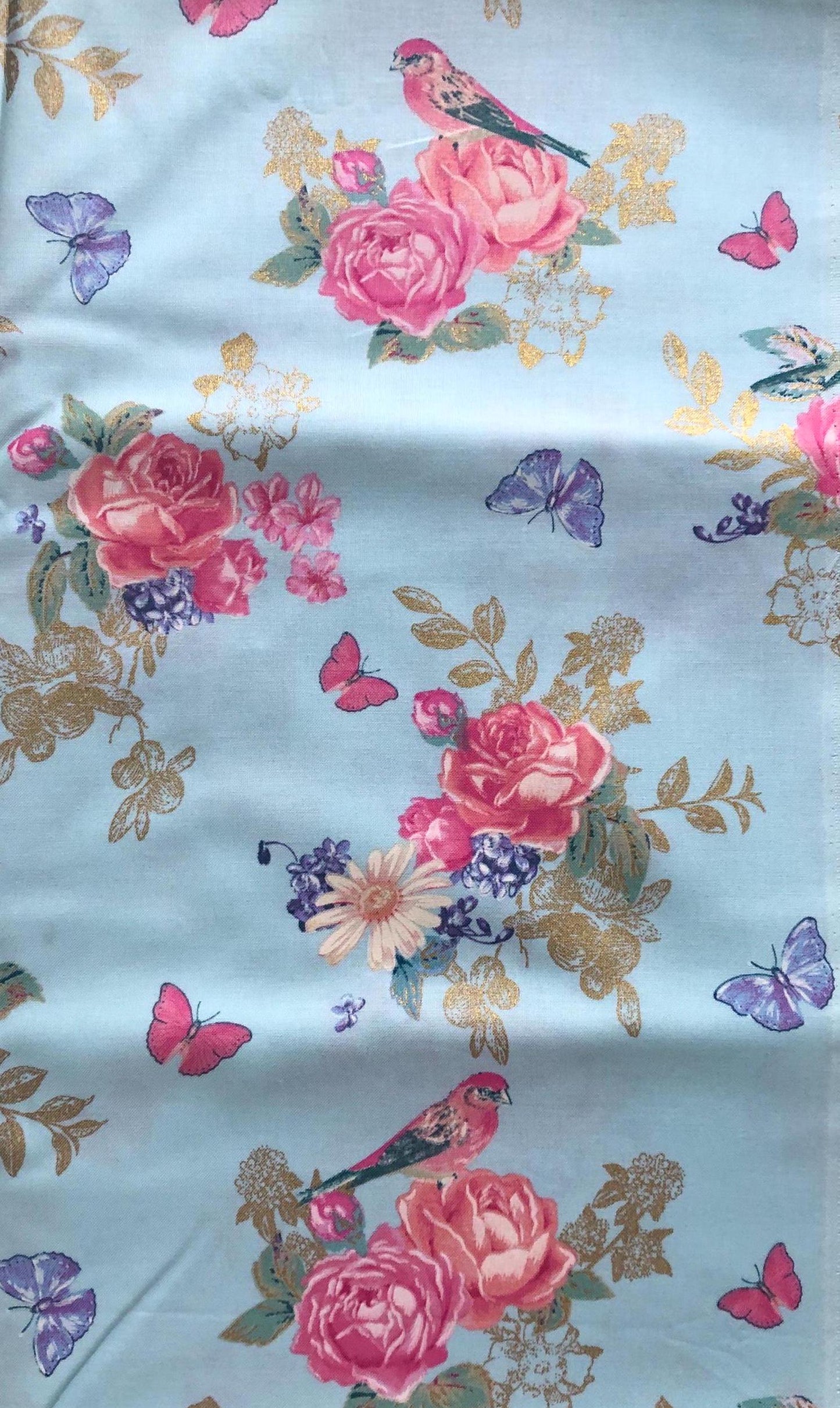 Michael Miller Tweet La Vie Birds, Butterflies and Roses on Light Blue Fabric, Designer Cotton, Quilting Fabric, Sold by YARD