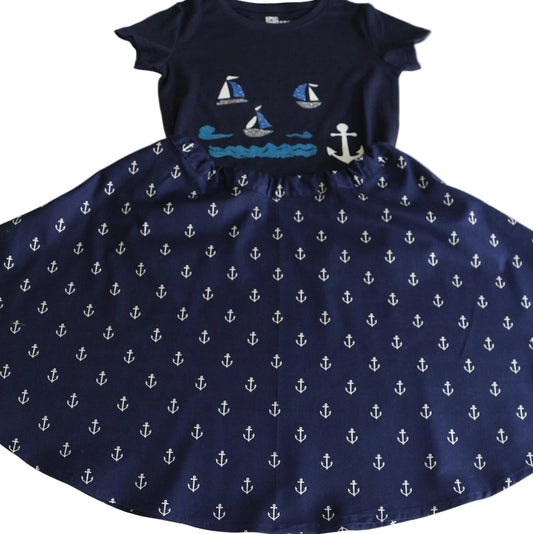 Girls Size 6 to 7 Handmade Nautical Boats and Anchors Outfit, Nautical Boats and Anchor Skirt and T-Shirt, Girls Summer Clothing
