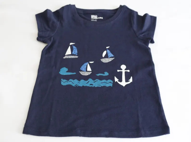 Girls Size 4T Toddler Handmade Nautical Boat and Anchor Outfit, Nautical Boats and Anchor Skirt and T-Shirt, Girls Toddler Summer Clothing