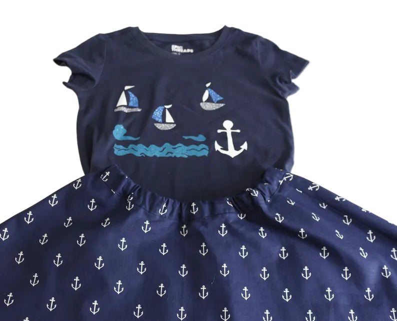 Girl Size 5 Handmade Nautical Boat and Anchor Outfit, Nautical Boats and Anchor Skirt and T-Shirt, Girls Summer Clothing