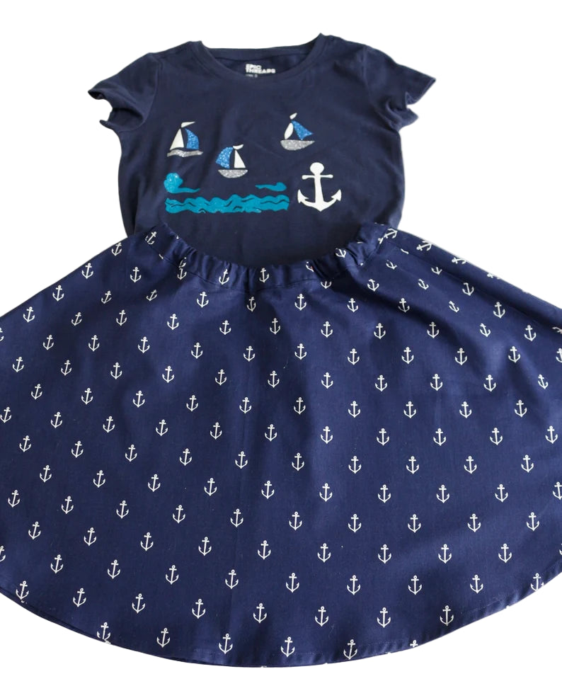 Girl Size 5 Handmade Nautical Boat and Anchor Outfit, Nautical Boats and Anchor Skirt and T-Shirt, Girls Summer Clothing