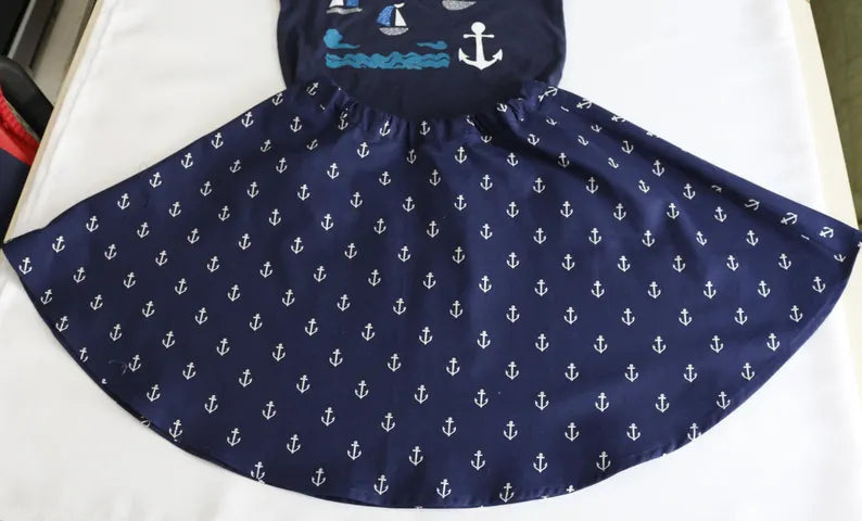 Girls Size 4T Toddler Handmade Nautical Boat and Anchor Outfit, Nautical Boats and Anchor Skirt and T-Shirt, Girls Toddler Summer Clothing