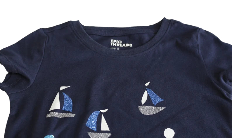 Girl Size 5 Handmade Nautical Boat and Anchor Outfit, Nautical Boats and Anchor Skirt and T-Shirt, Girls Summer Clothing